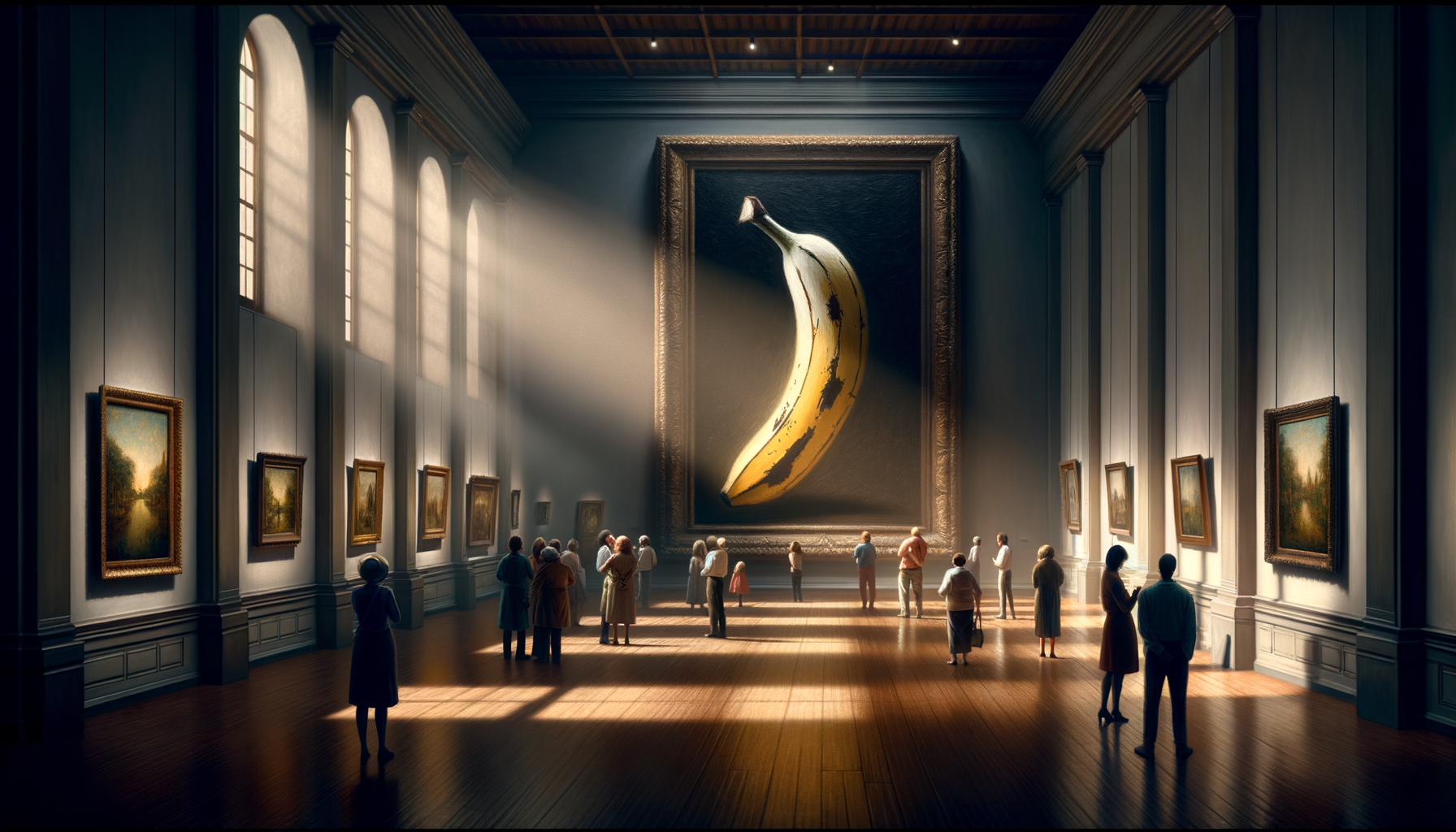 Une banane dorée trône, défiant le sérieux des artistes, tandis que les regards s'étonnent, goûtant une œuvre aussi fruitée qu'audacieuse.