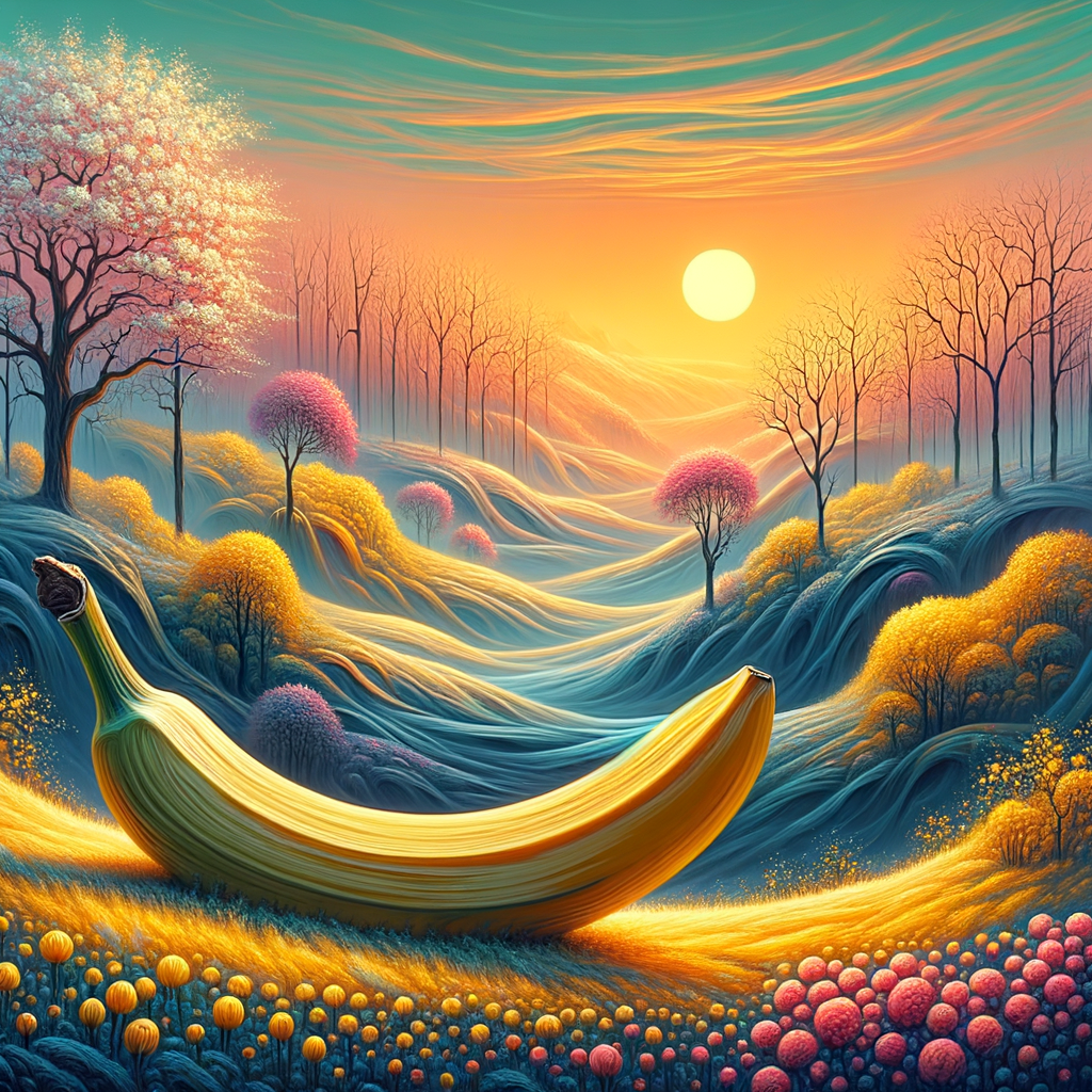 Un soleil rieur embrasse une banane géante, jardin suspendu de couleurs éclatantes où les rêves dansent sous des arbres en fleurs.