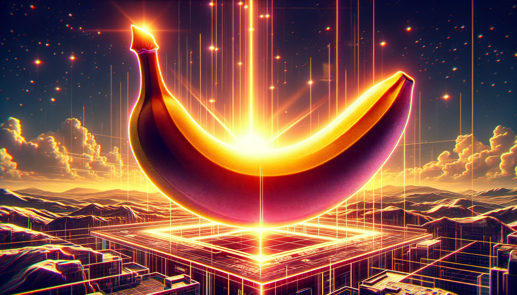 Sous un ciel étoilé, une banane radieuse, fruit d'or, se dresse comme un phare où technologie et nature dansent en harmonie. Magie éclatante.