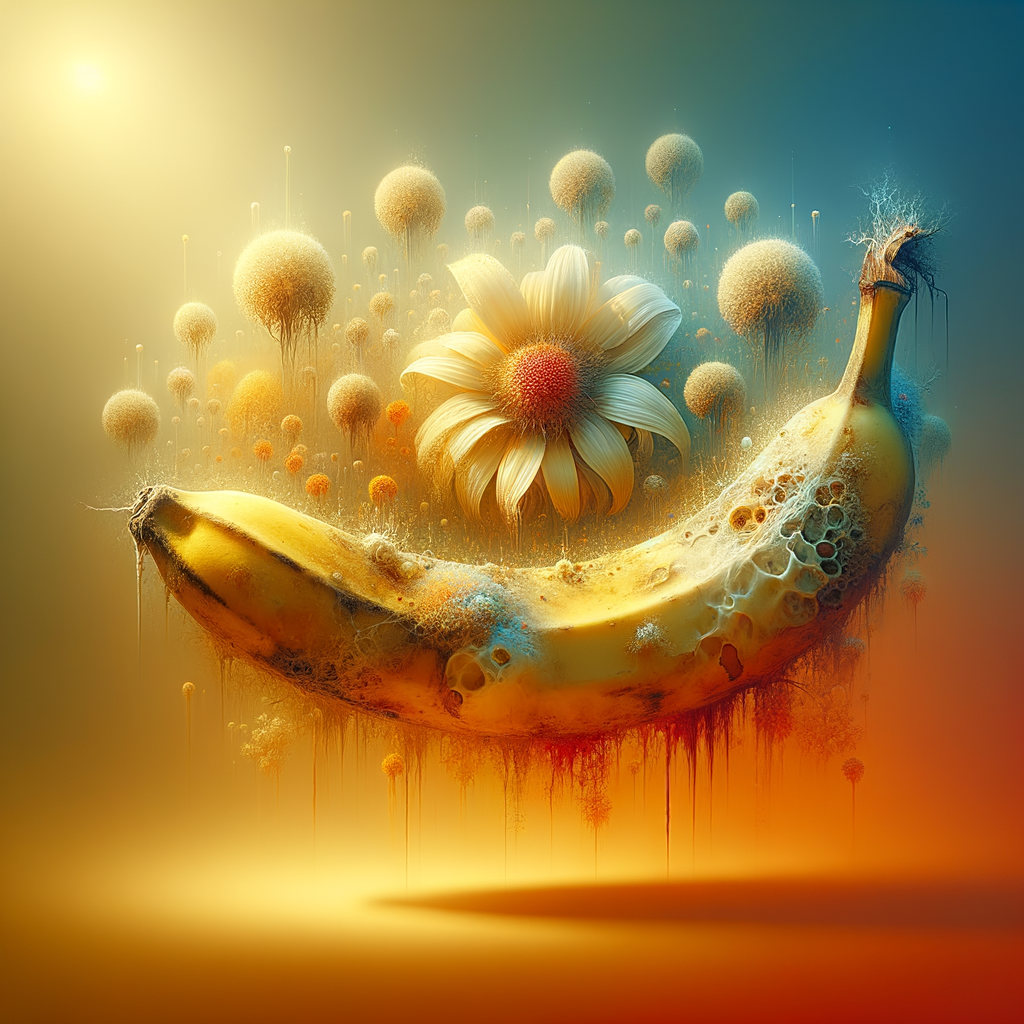 Un fruit doré flotte, paré de fleurs rêveuses, dans une danse de couleurs éclatantes, où l'absurde flirte avec la magie du quotidien.