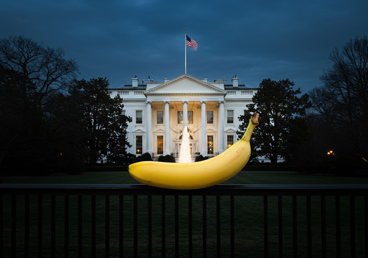 Sous un ciel d’encre, une banane se prend pour une statue, défiant le monde, douce rébellion aux portes d’un empire.