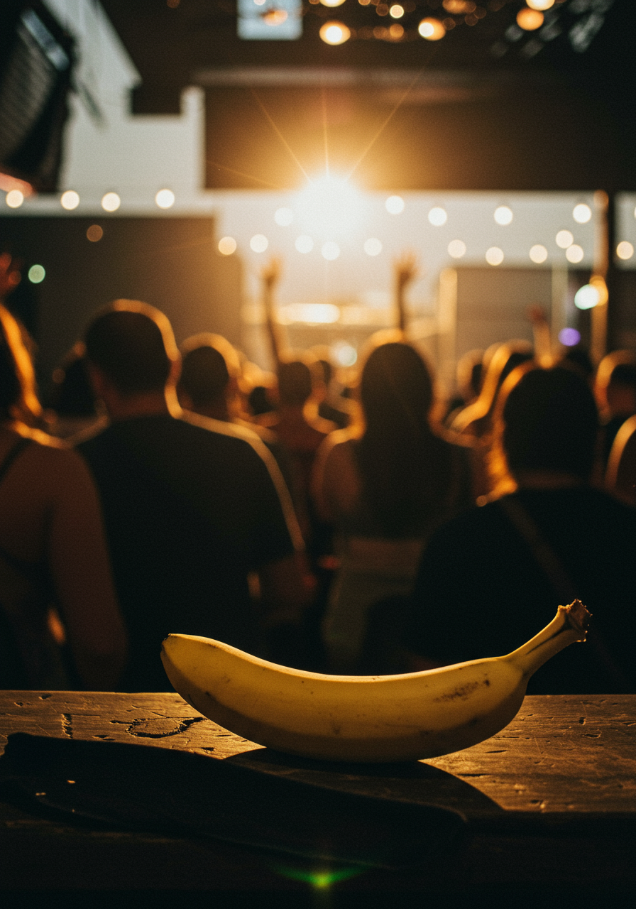 Dans la lumière dansante, une banane rêve de concerts, témoin amusé d’une foule enthousiaste, où les fruits et les humains s’entrelacent en harmonie.