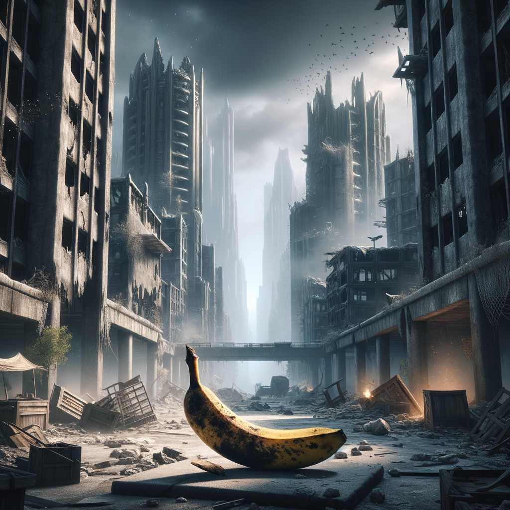 Au cœur des ruines, un soleil en forme de banane sourit, défiant le néant et dansant avec le vent des souvenirs.