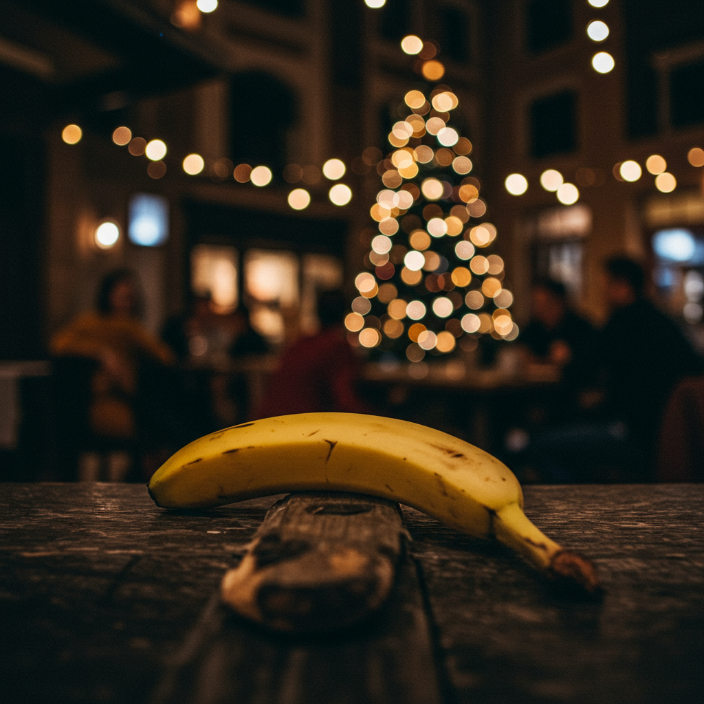 Une banane, étoile d’un festin, veille sous les guirlandes scintillantes, témoin volontaire des rires et des rêves croisés en cette nuit dorée.