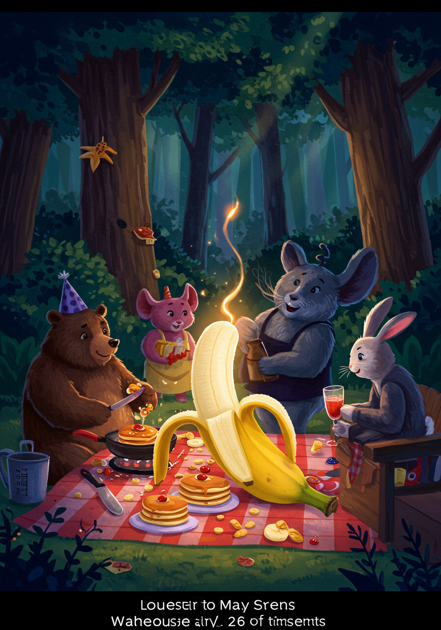 Dans la forêt enchantée, un festin joyeux s’éveille, où les fruits dansent, les rires crépitent, et les biscuits rêvent sous les étoiles.