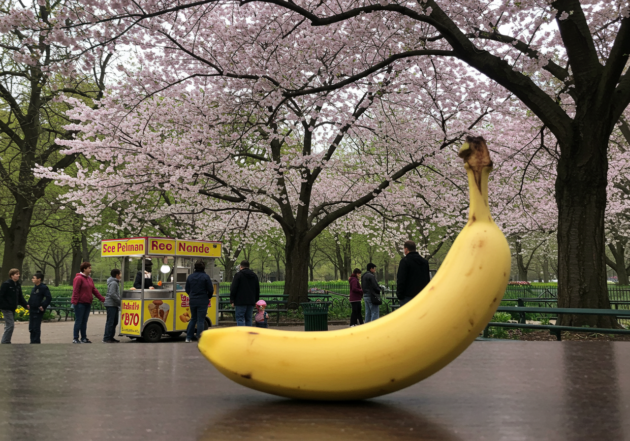 Sous un ciel de fleurs, une banane rieuse rêve d'évasion, au cœur des éclats de rires et des glaces fondantes.