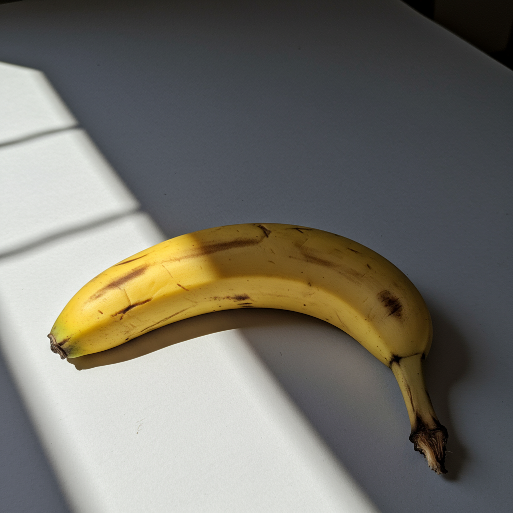 Sous les rayons, une douce courbe éclaire l'ennui ; madame Banane rêve de s'évader en smoothie, éclatante d'espoir et de vitamines.