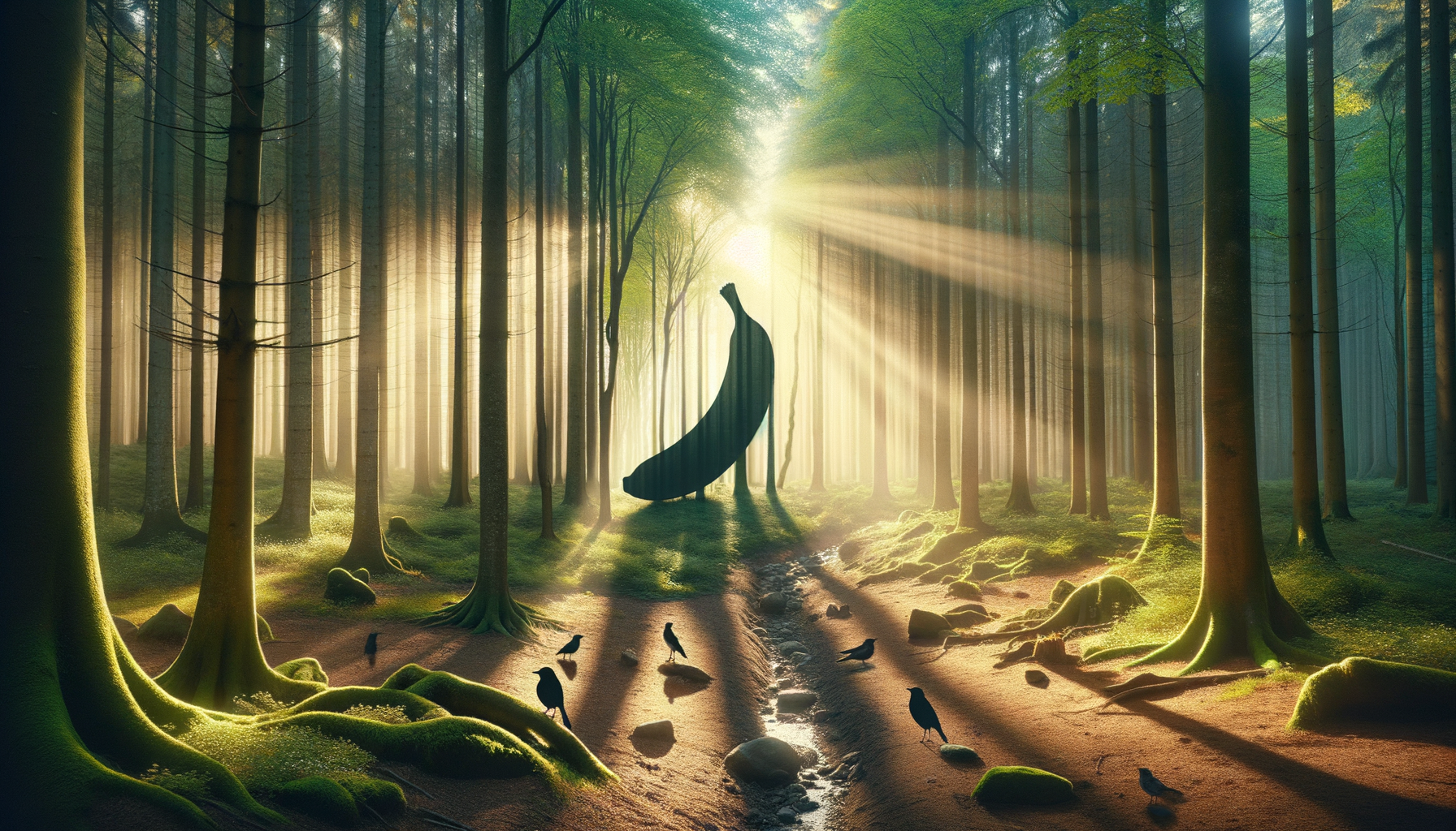 Dans un bois enchanté, une banane rêve sous un rayon de soleil, tandis que les oiseaux murmurent des secrets au vent. Nature farceuse, bleue et bienheureuse.