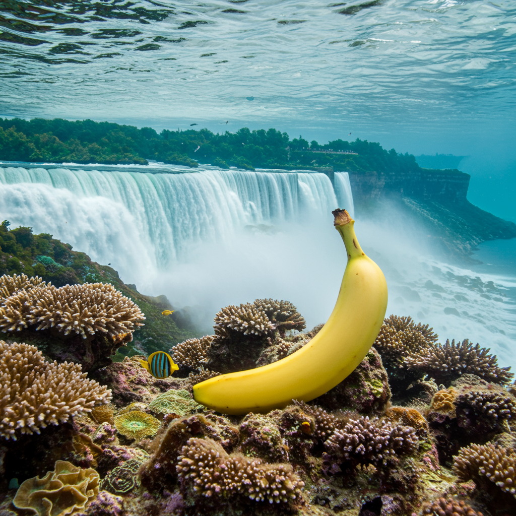 Dans l'écrin aquatique des merveilles, une banane en majesty, pirouette sous les chutes, l'écume joue à la danse des fruits.