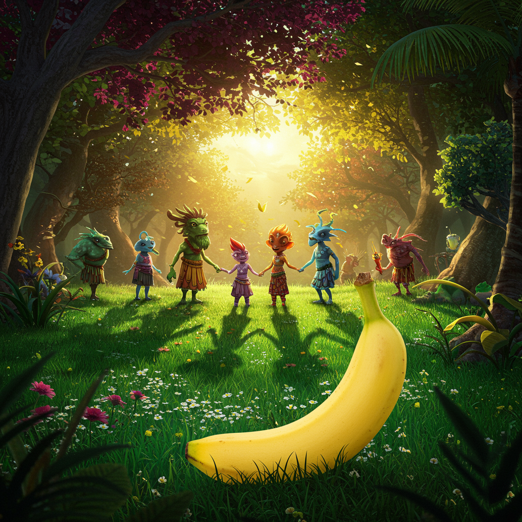 Dans une danse de monstres colorés, un soleil complice éclaire un bananier solennel, gardien muet d’un secret juteux et exotique.