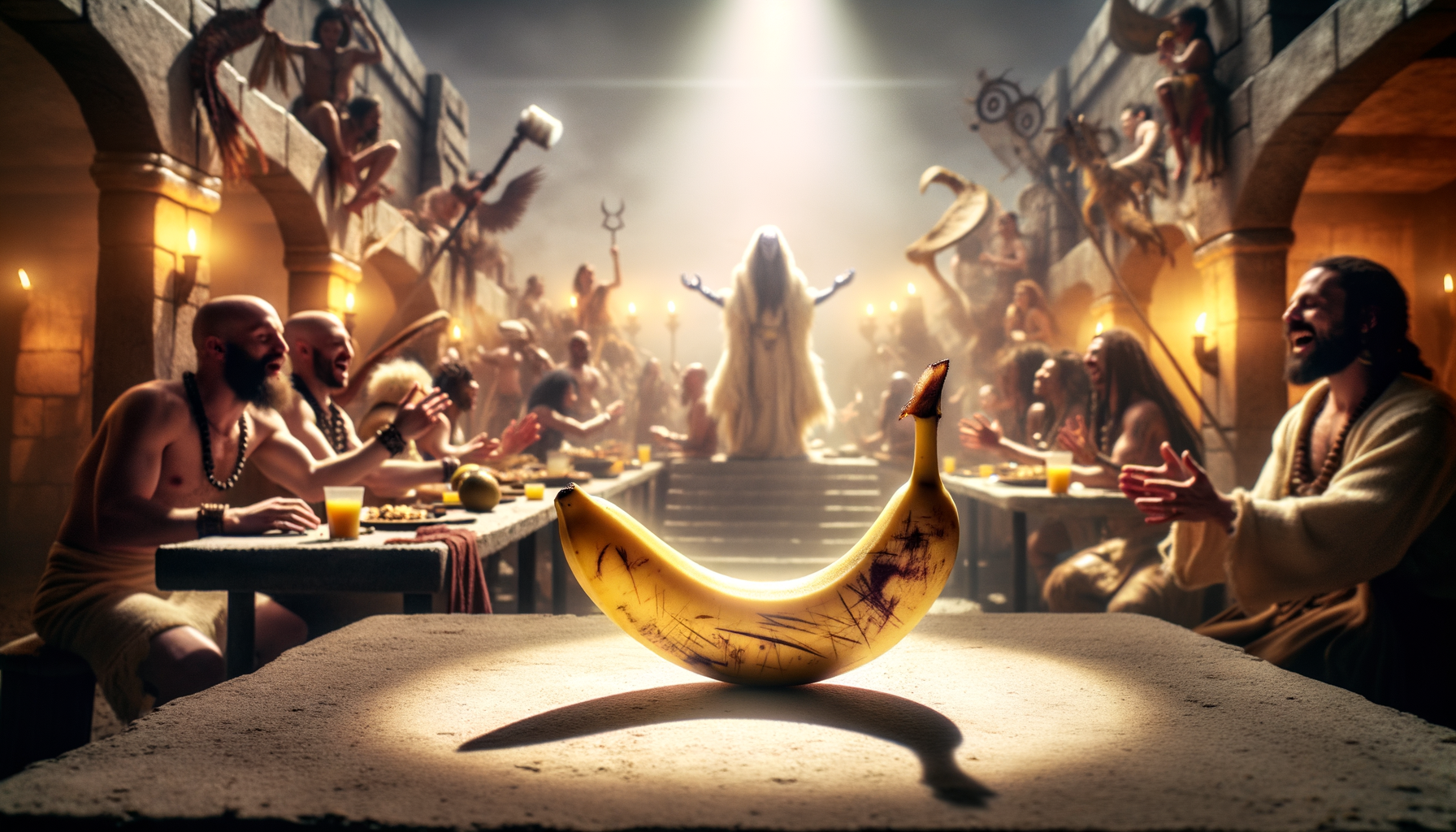 Sous les ombres d'un festin légendaire, une banane se tient, symbole d'étrangeté, avec des rires de dieux en arrière-plan, un cœur fruité au milieu du chaos.