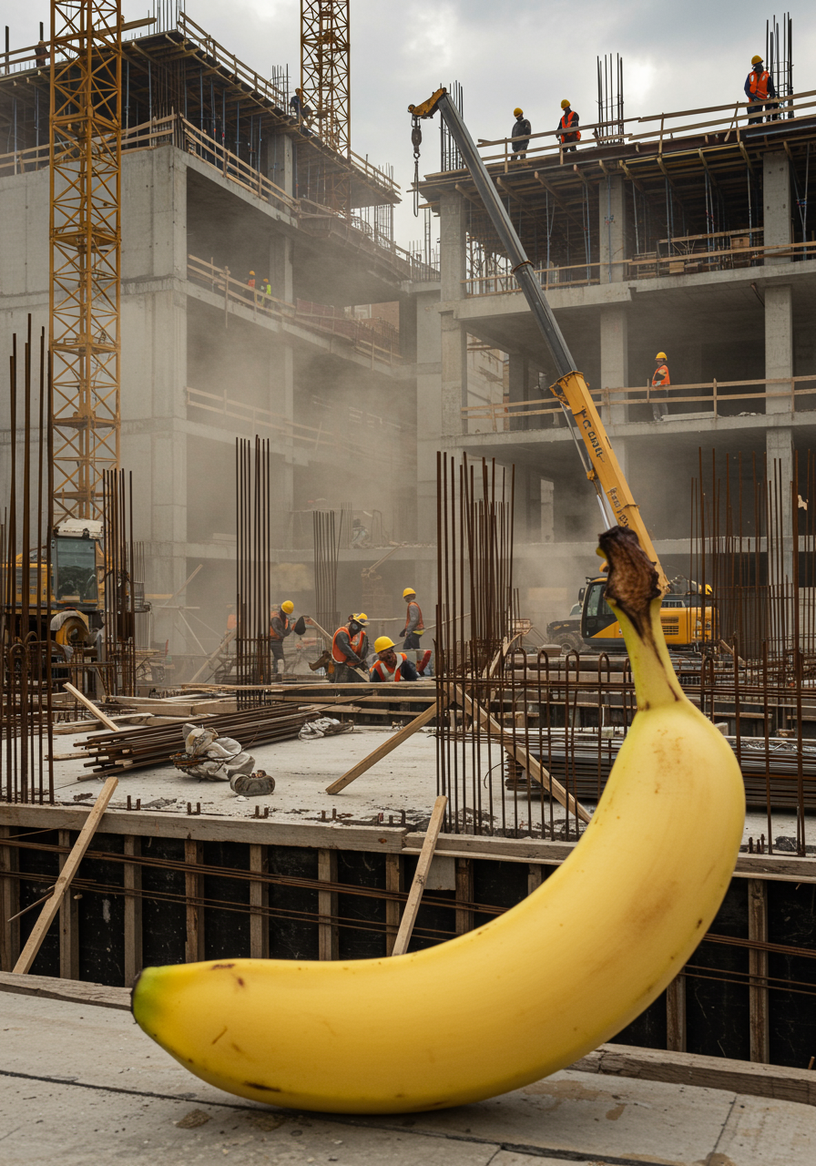 Dans un ballet de béton, une banane géante rêve d'être la grue, arrosant le chantier d'un éclat de folie dorée.