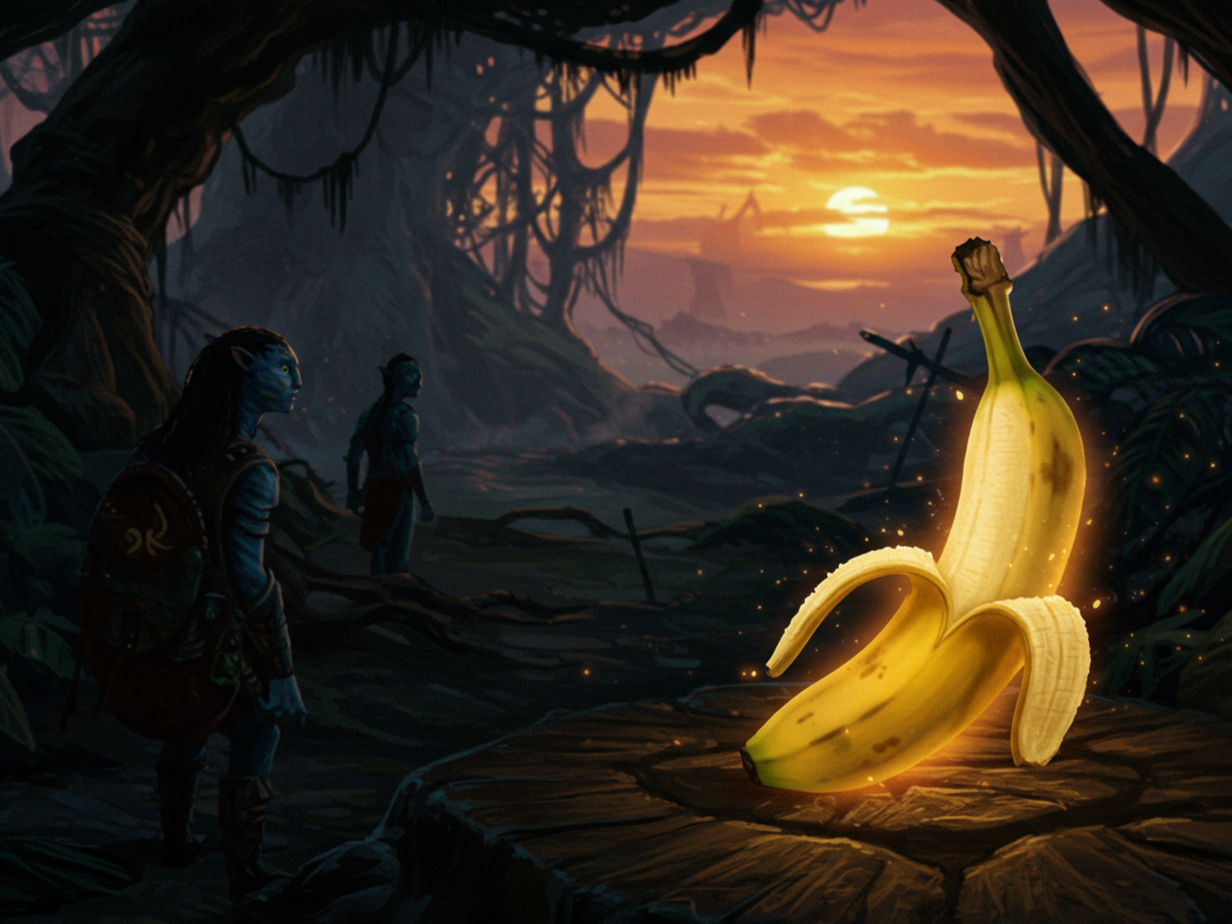 Sous un soleil couchant, une banane éclaire la jungle, trésor lumineux, défiant les créatures bleues, éclat de folie au cœur de la verdure.