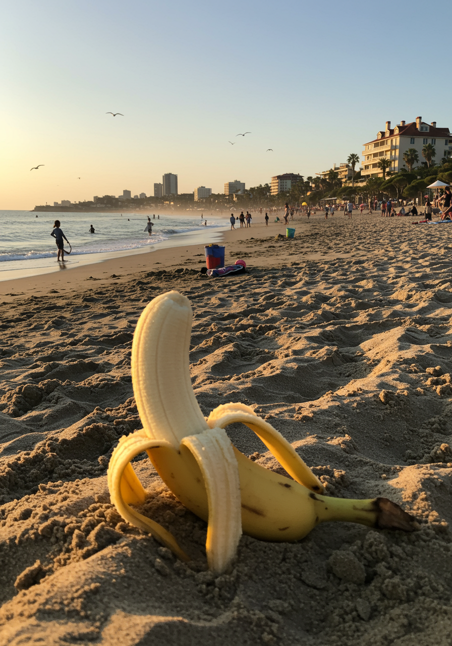 Sur le sable doré, un fruit insouciant rêve d’aventures, tandis que les vagues chuchotent des secrets aux baigneurs. La plage, un théâtre de folie douce. 🍌✨