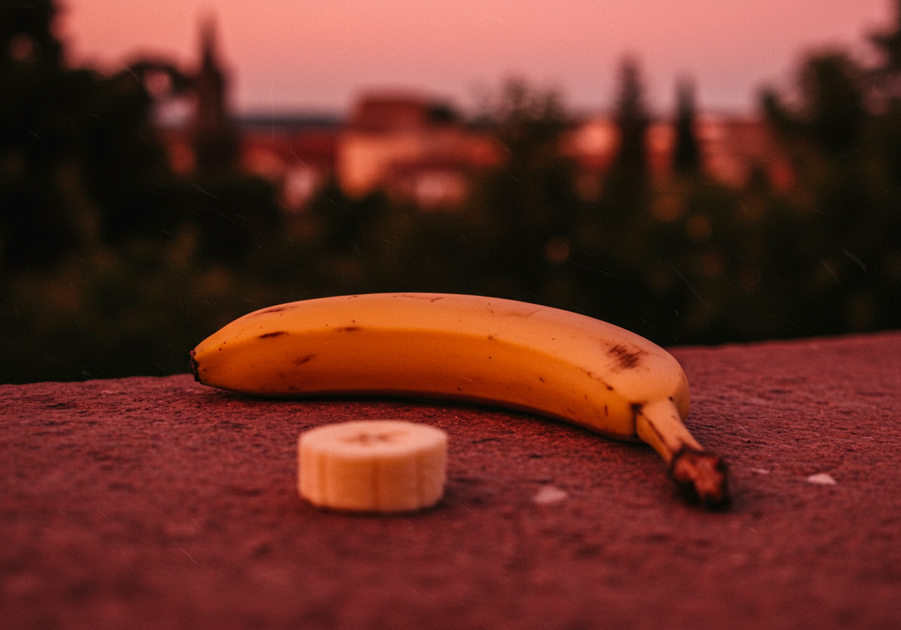 Une banane en méditation, rêveuse sur un mur de crépuscule, partage son cœur rond avec le monde, éclat de jaune contre la douceur de l'ombre.