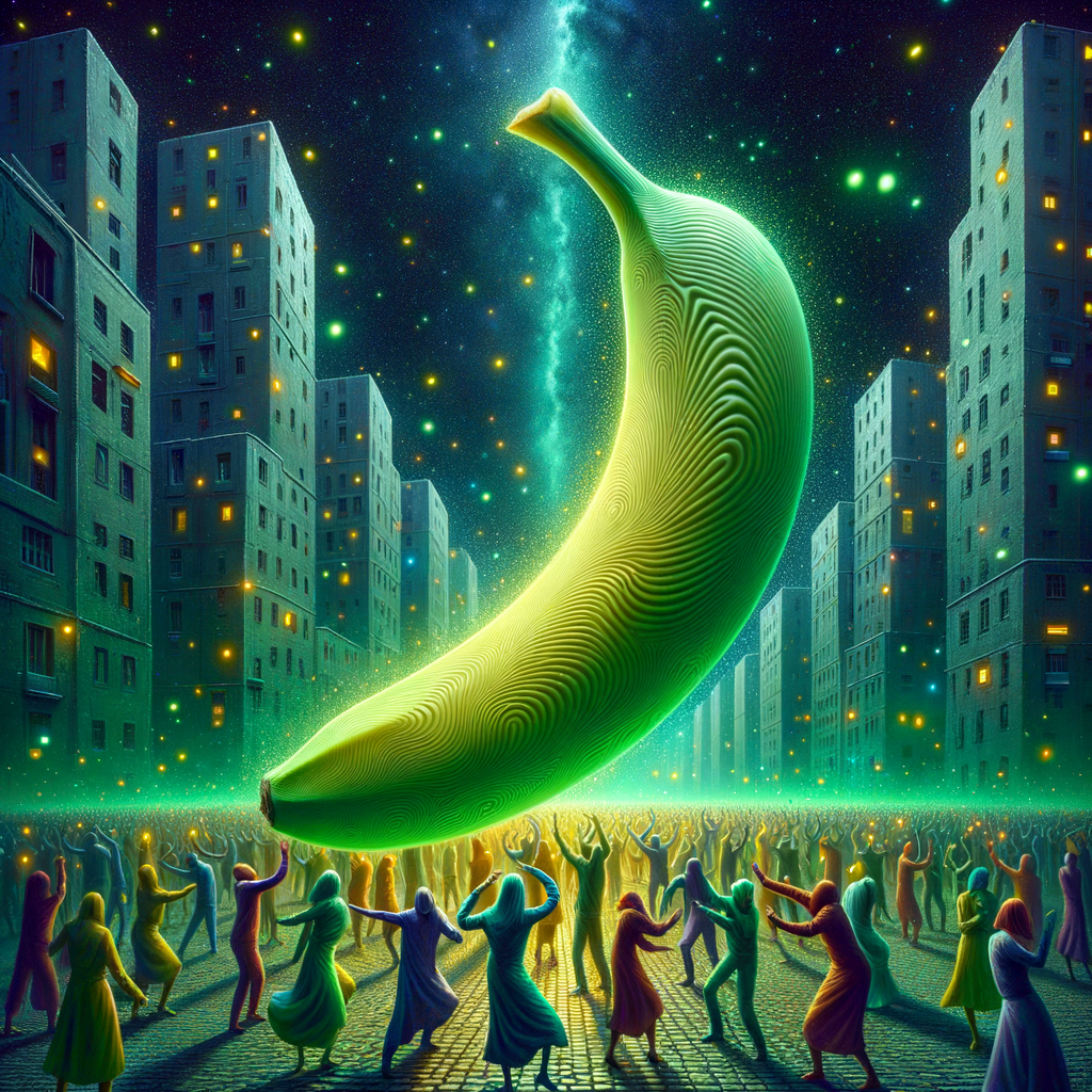 Sous la lune complice, une banane géante danse, admirée par des ombres colorées, célébrant la folie douce d'un monde en éveil.