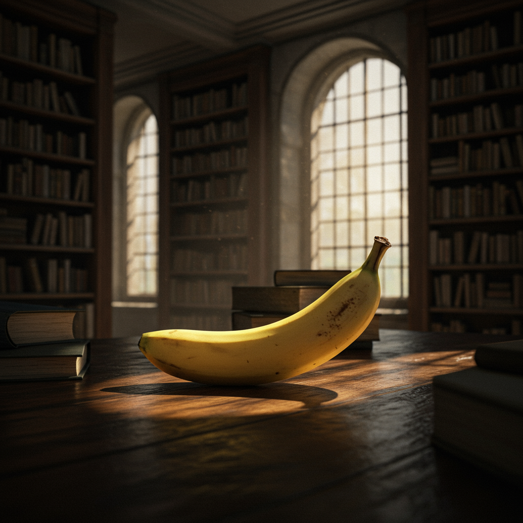 À la croisée des mots, une banane en livre ouvert, éclatante de sagesse, glissant des sourires sur les pages poussiéreuses du savoir oublié.