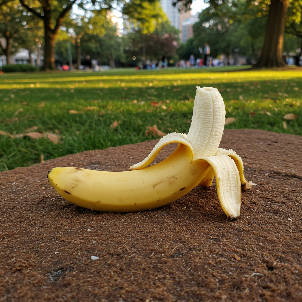 Une banane émerveillée, dévêtue de son or, rêve de danser sous les arbres, invitant les rires à s'épanouir dans l'air doux du parc.