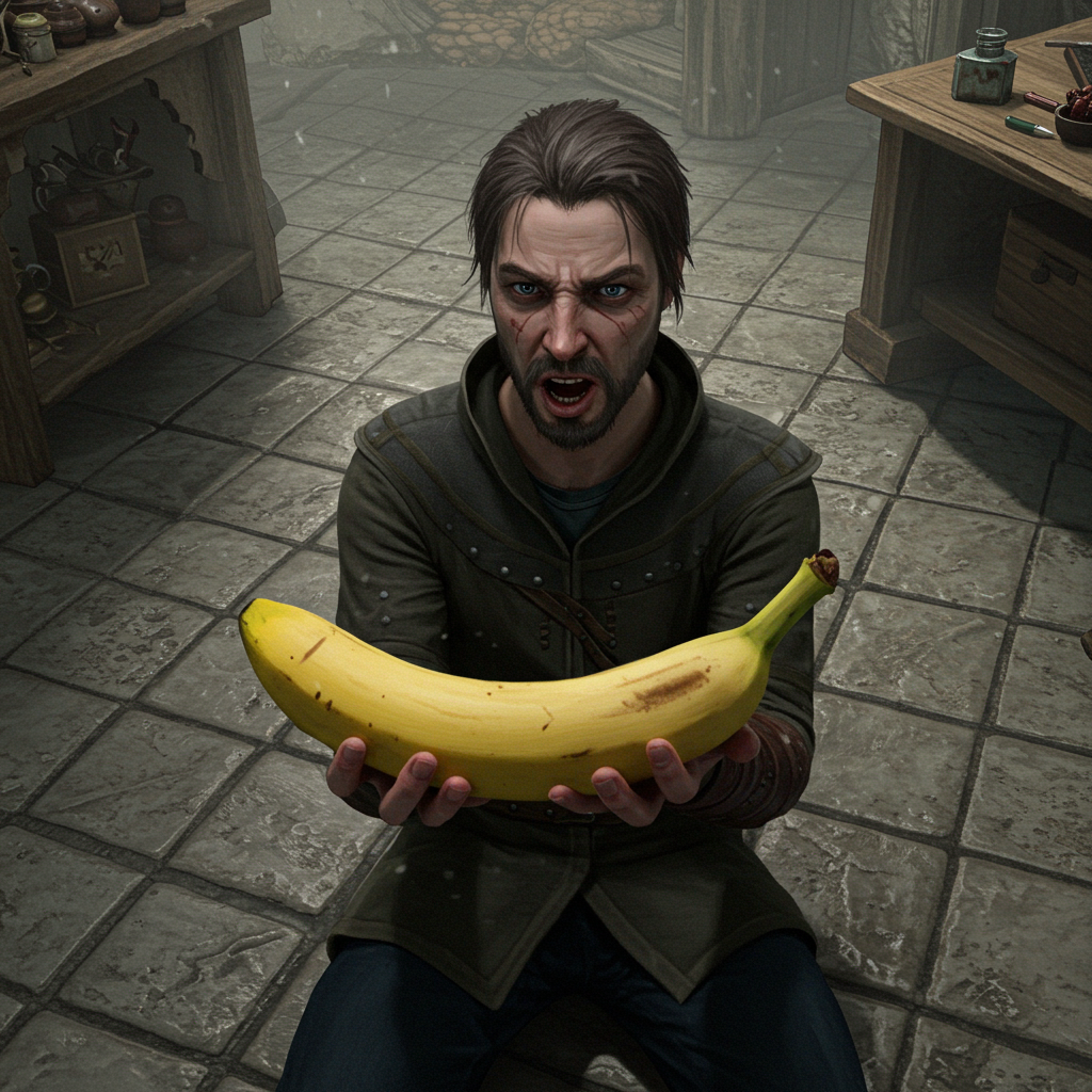 Sous la tempête des cris, un héros brandit la banane dorée, symbole d'un monde où les fruits sont des armes et les rires des échos.