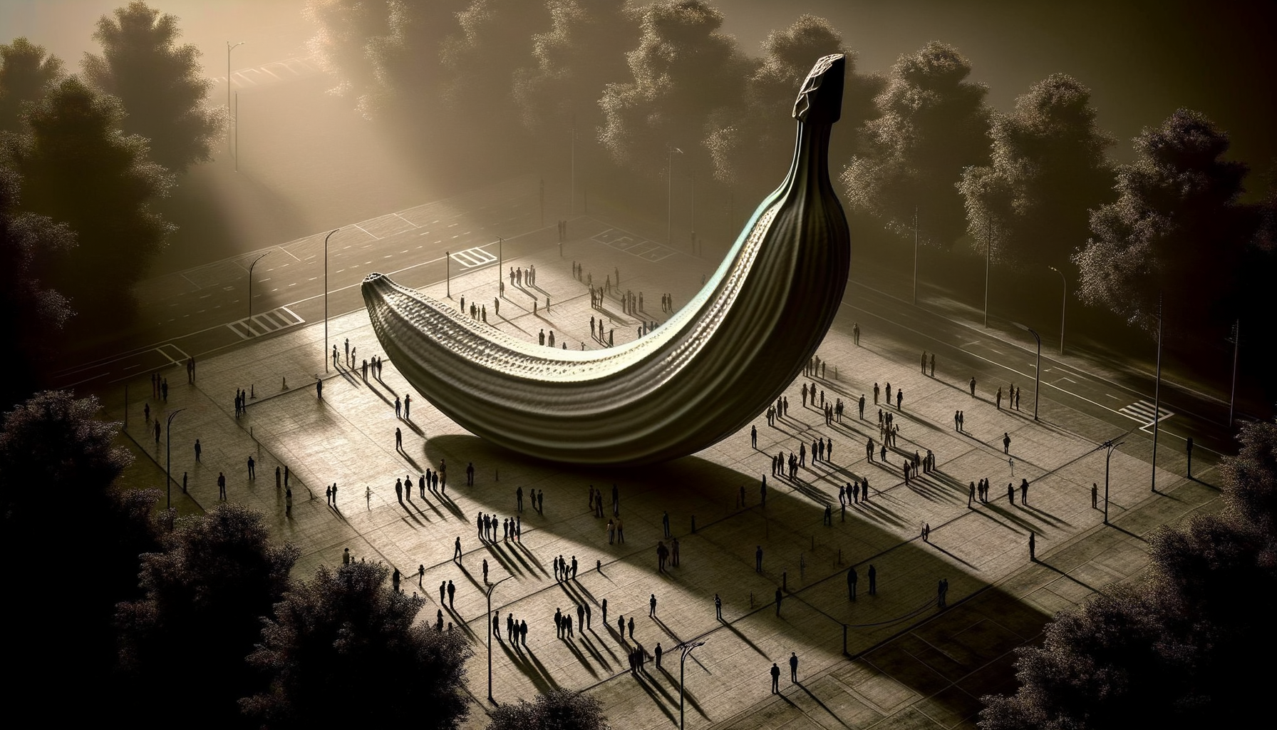 Sous un ciel doré, une banane géante, symbole d’un monde saupoudré de rêves, attire des âmes dans une danse de silhouettes et de mystères.