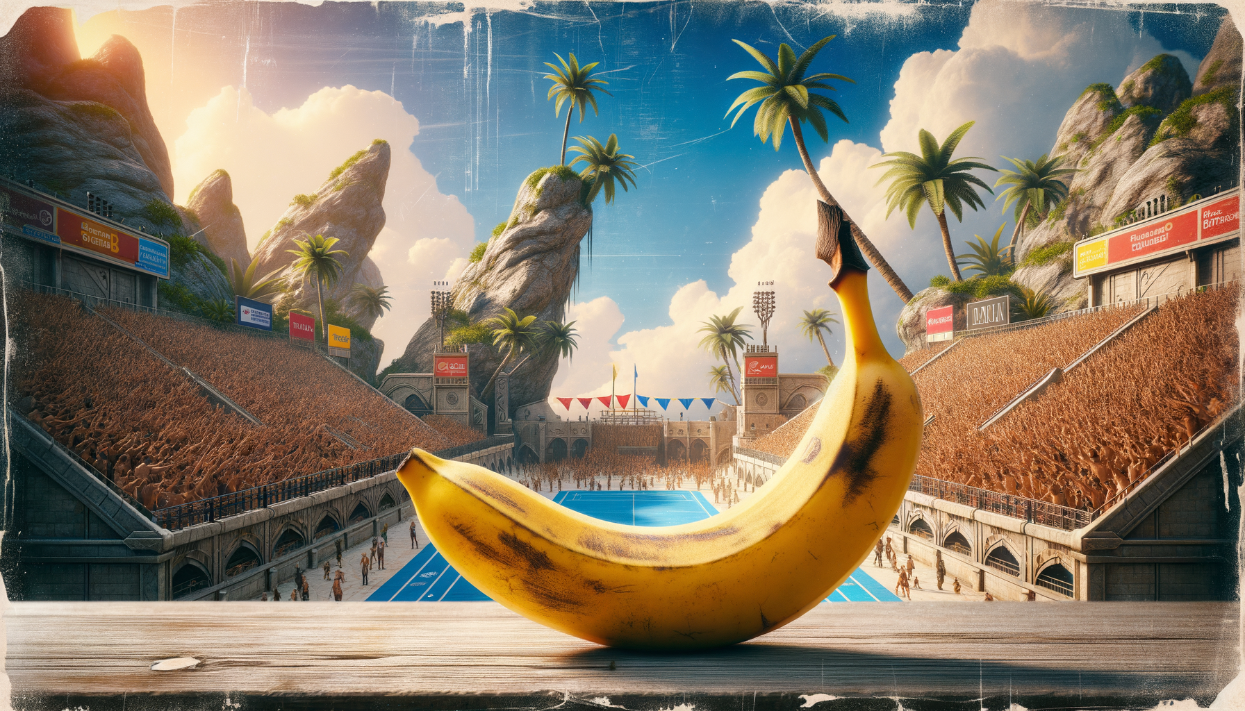 Dans un stade de rêves, une banane solennelle, debout, contemplant des foules en délire sous le soleil, remplace les cris par des éclats de rire.