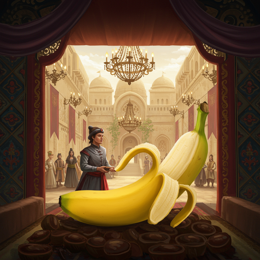 Dans un palais au charme sucré, une banane majestueuse se pare de chocolat, tandis qu'un visage sérieux invoque la folie des saveurs et des rires.