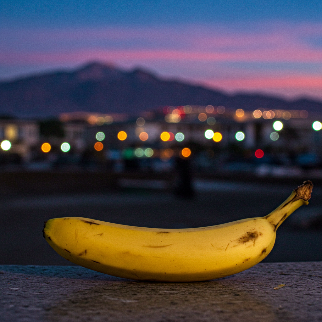Sous un ciel de feu, une banane rêve, solitaire, sur le mur des étoiles, éclatant de douceur dans le bal des lumières.
