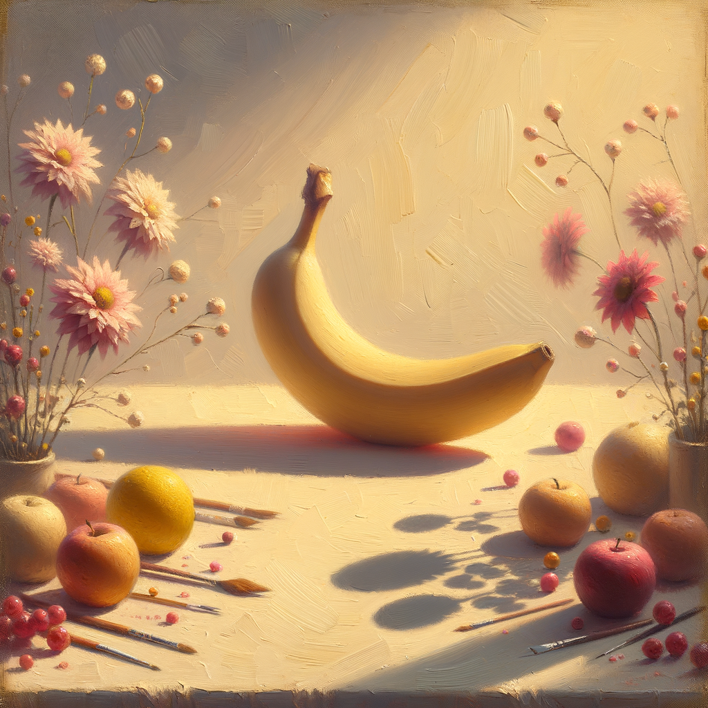 Un bananier rêveur, flanqué de fleurs rieuses, danse parmi les fruits, où pinceaux dessinent des éclats de joie et d'étonnement en silence.