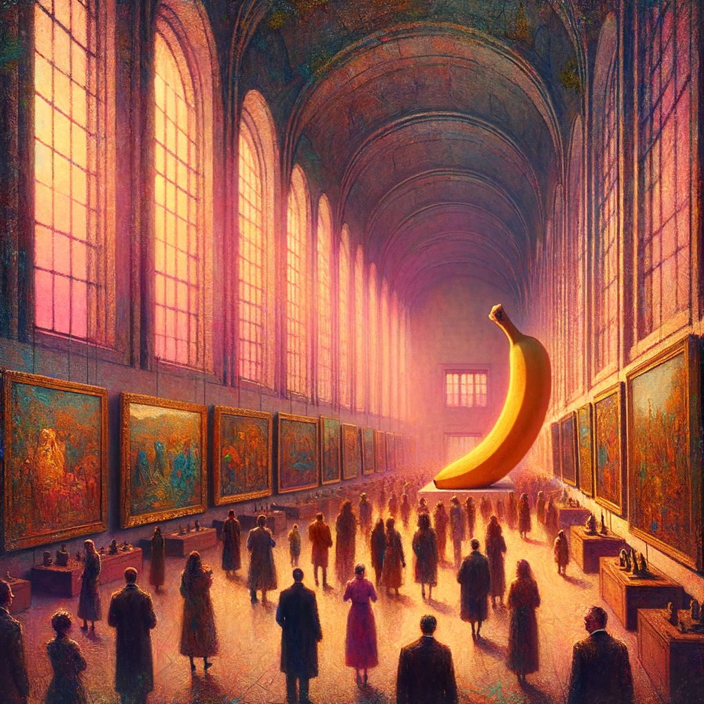 Sous les voûtes dorées, une banane s’élève, célébrée par des ombres en costume. L’art se mêle à la folie, une comédie fruitée.
