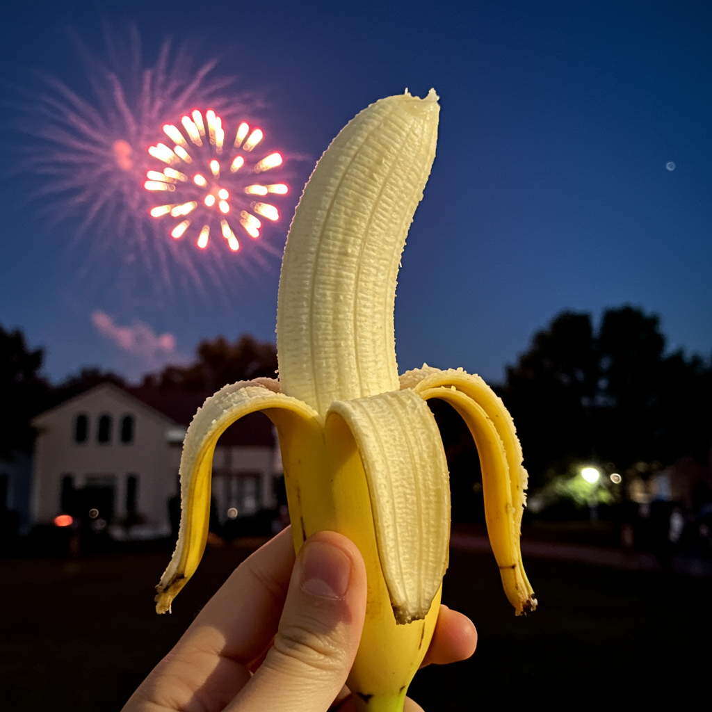 Sous un ciel étoilé, un fruit insolent salue les feux d’artifice, phosphorescent et joyeux, comme une fête tropicale en plein cœur de la nuit.