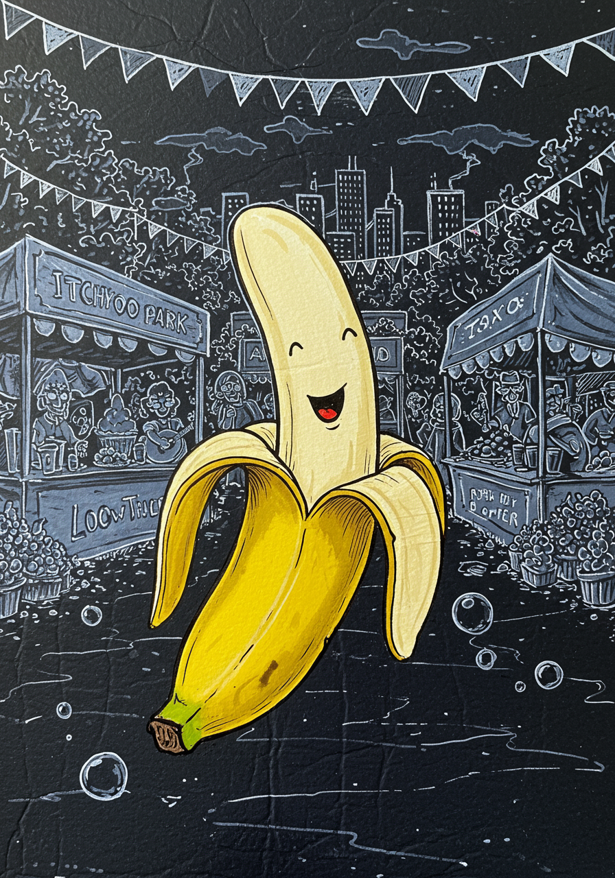 Dans un bal effréné, une banane souriante danse, éclaboussant les bulles de rire sous un ciel étoilé de rêves fruités.
