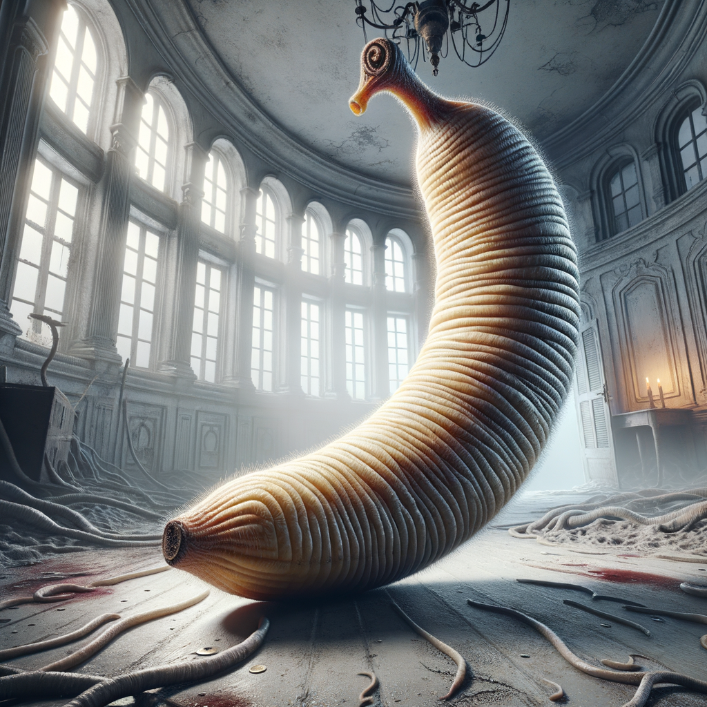 Dans un hall oublié, un ver enroulé rêve de chandelier, tandis que des ombres tissent des histoires de banana-araignée et de poussière enchantée.