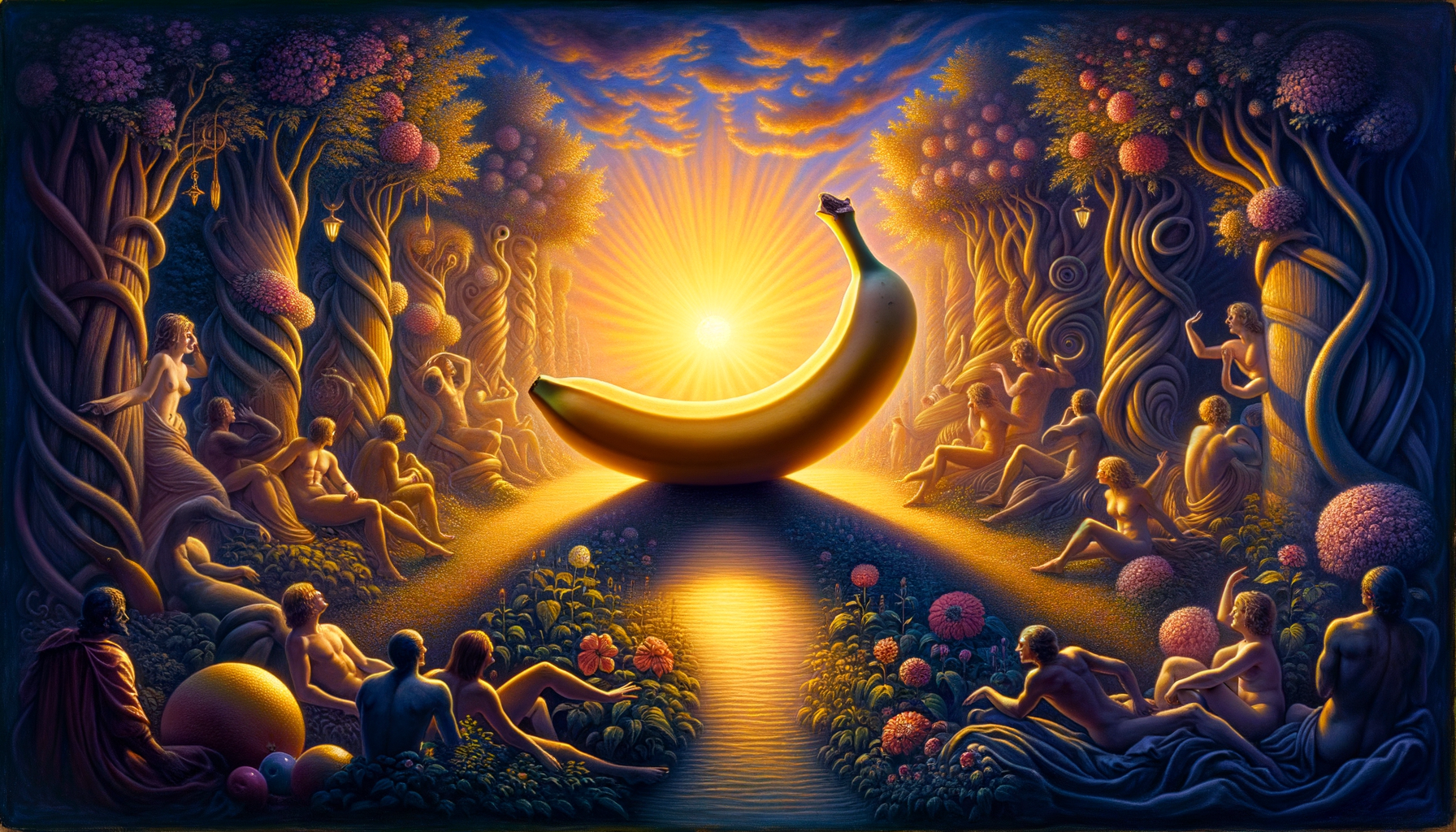 Au cœur d'un rêve doré, une banane rayonnante, soleil des joyeux, éclaire les âmes en pause, dans une forêt de murmures enchantés.
