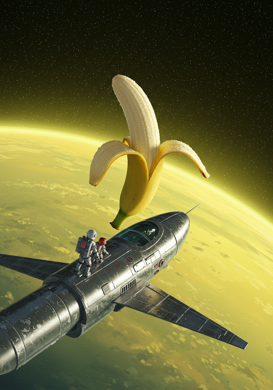 Dans l'espace doré, une banane voguant rêve des étoiles, tandis que les rêveurs d'acier ouvrent la porte d'un univers décalé.