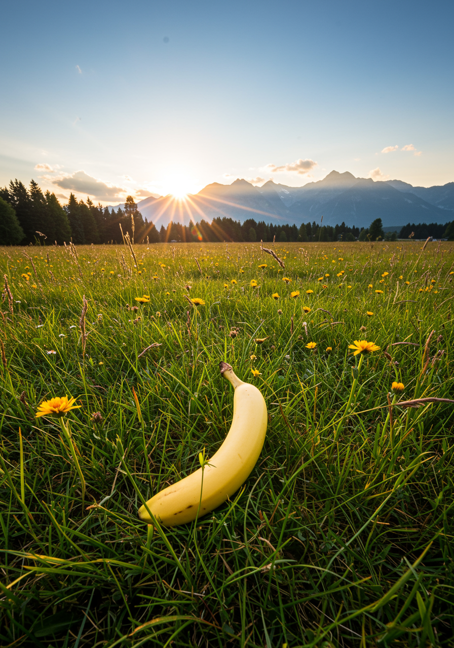 Sous un ciel rêveur, une banane curieuse se prélasse, défiant les montagnes, faisant sourire les fleurs. La nature s'étonne et rit.