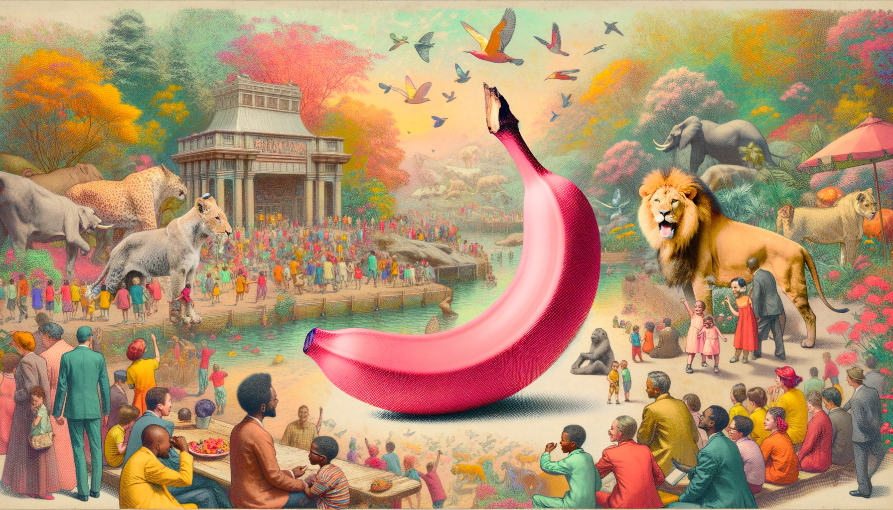 Un monde éclatant, où une banane flamboyante danse parmi des lions rieurs et des foules colorées, comme un rêve fou sous un ciel de plumes.