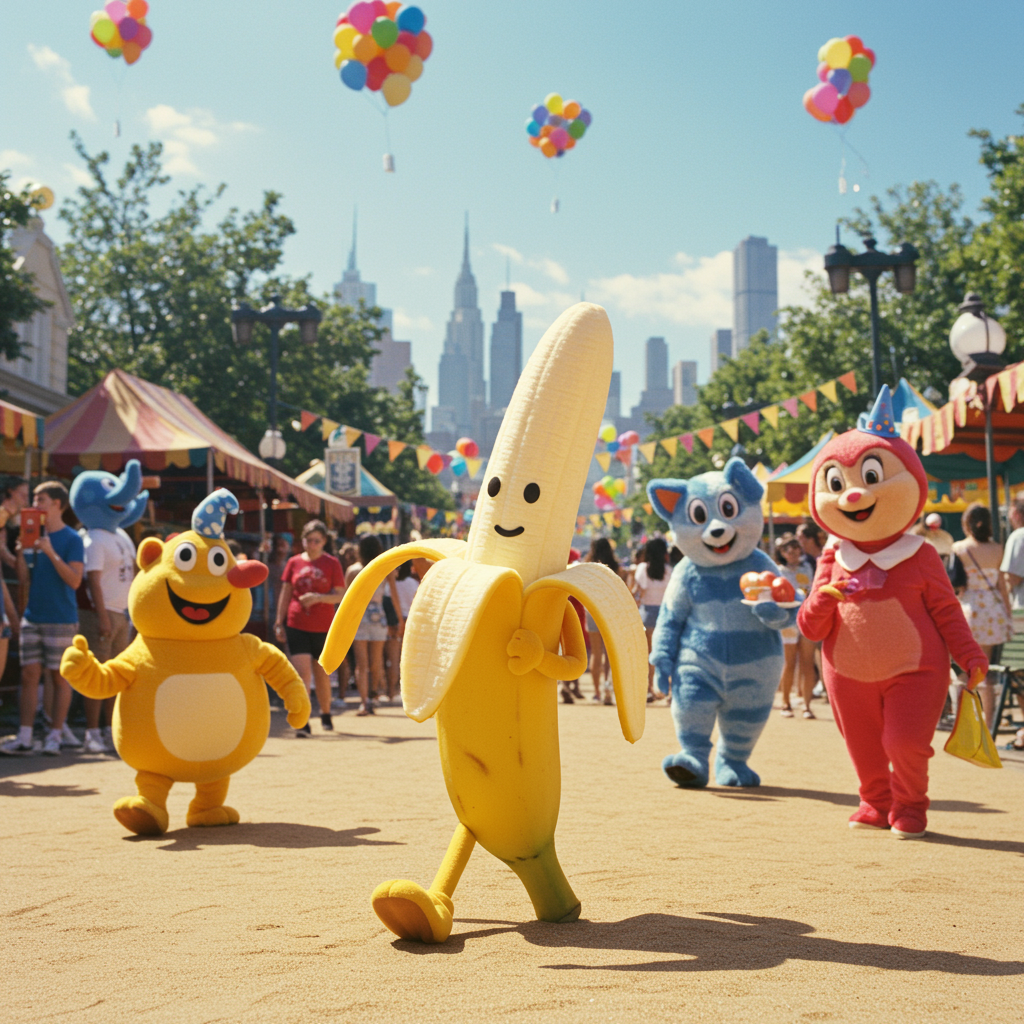 Dans une scène de fête où les fruits dansent, une banane joyeuse parade parmi des amis colorés, promesse d'une joie sucrée et d'un rire enchanteur.