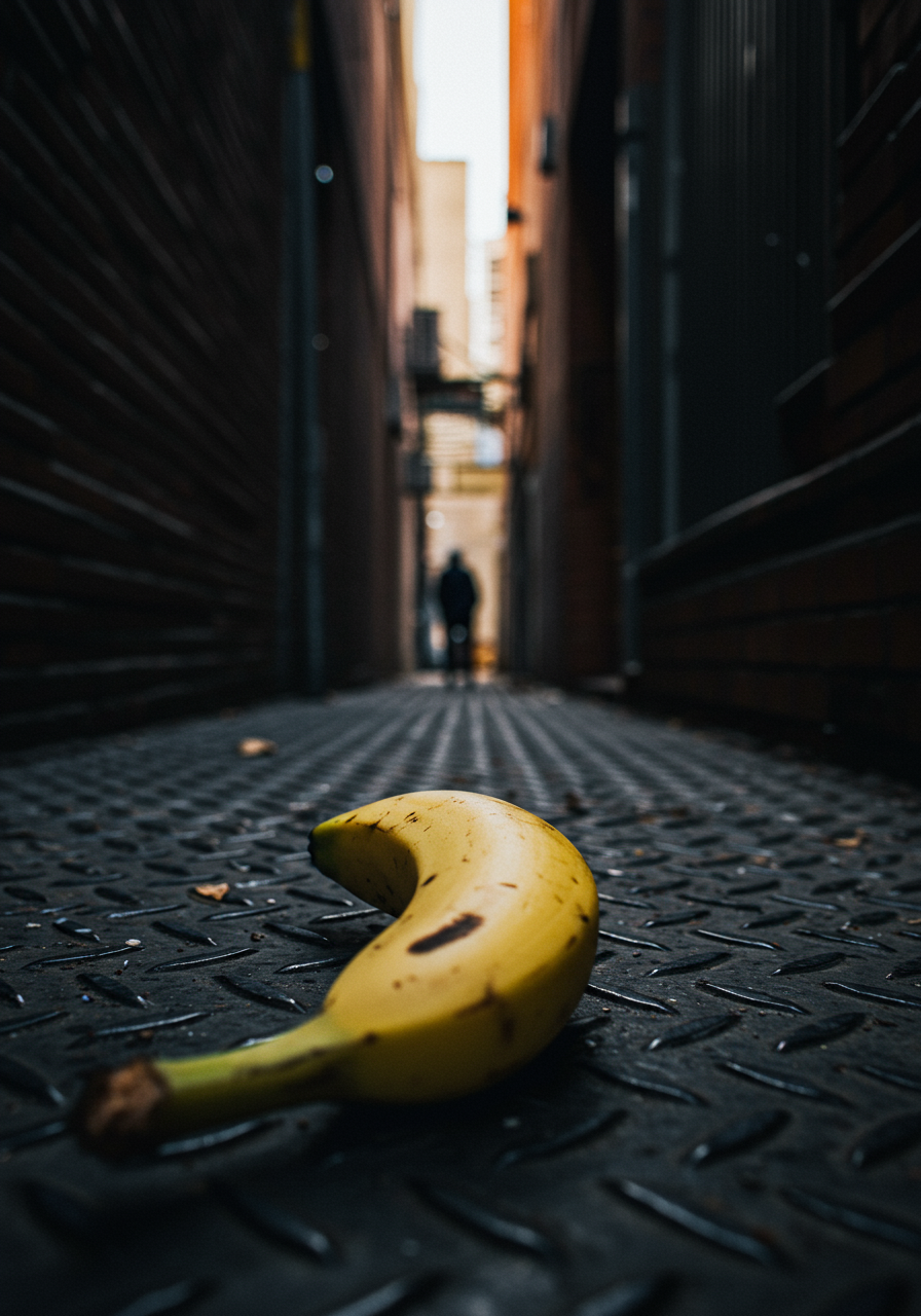 Soudain, une banane solitaire danse sur un tapis d'acier, spectatrice d'un monde gris et des ombres qui se glissent. Étrange ballet urbain.