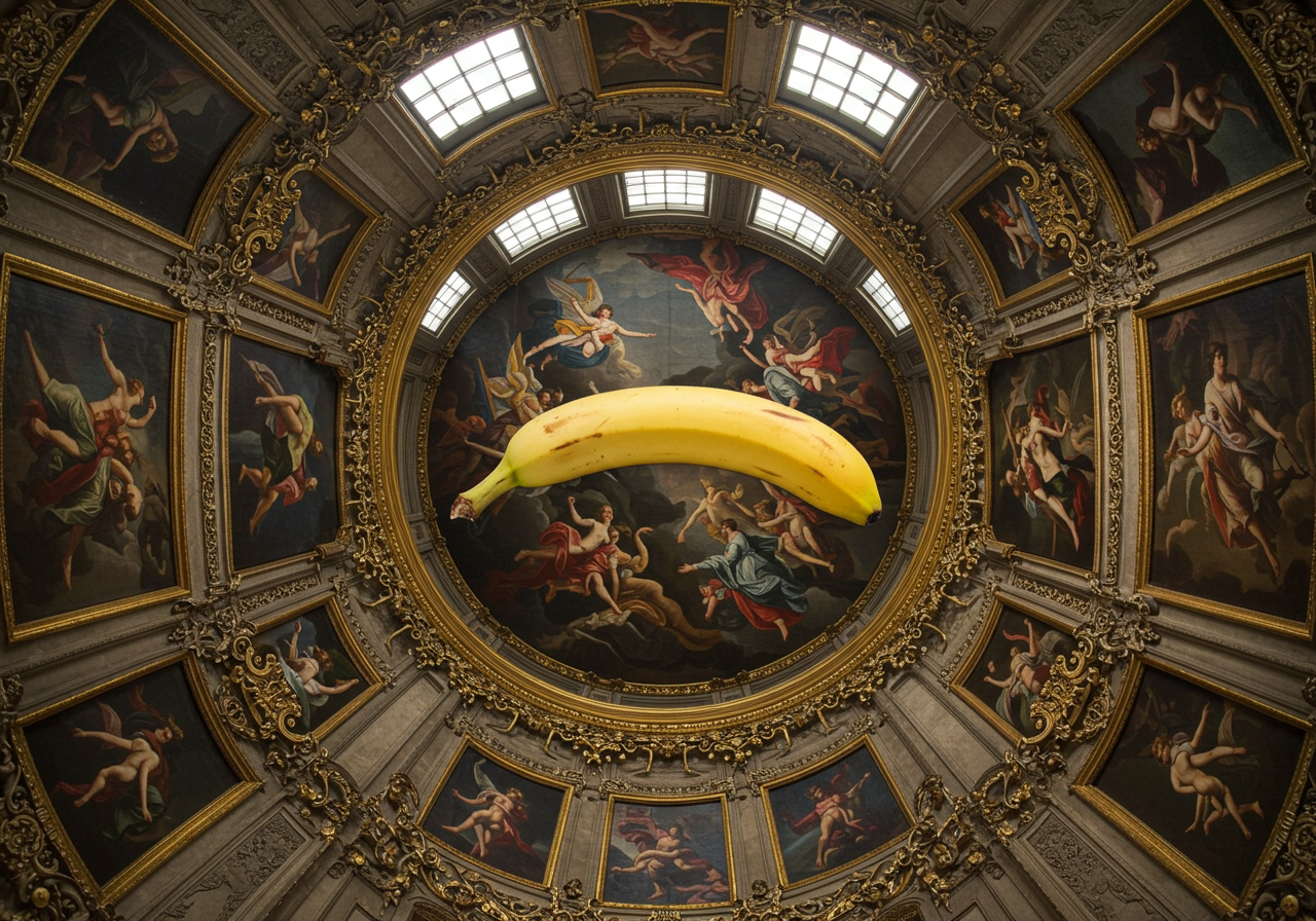 Une banane dorée, sourire fendu, flotte sous des cieux peints, où les anges, perplexes, questionnent le goût du divin.