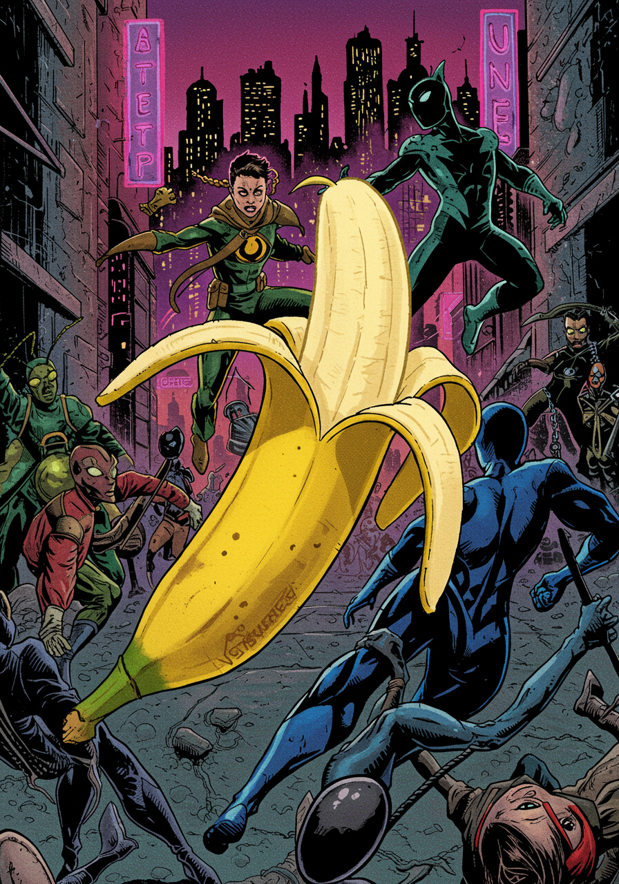 Une banane héroïque surgit des ombres, défiant les voleurs de gloire, dans une ville où le rire combat l'obscurité. Folie fruitée ou pépite d'or?