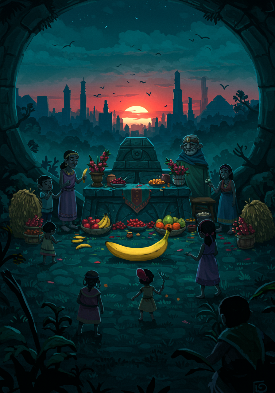 Sous les étoiles complices, des rires éclatent, banquet de couleurs, où une banane géante, matriarche des fruits, danse avec le soleil couchant.