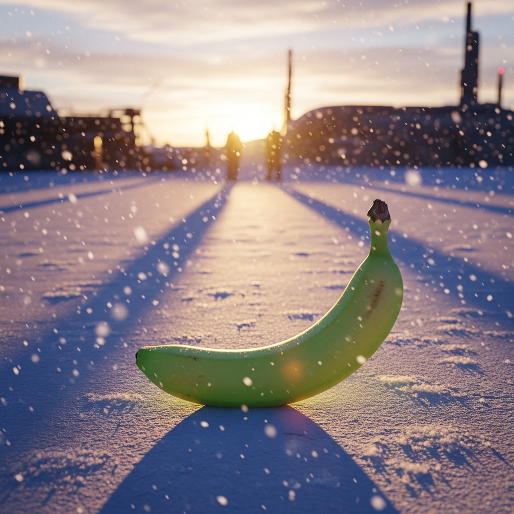 Dans un paysage d'hiver, une banane verte fait sa révérence, défiant le froid, comme un soleil plaisant dans un monde de neige.