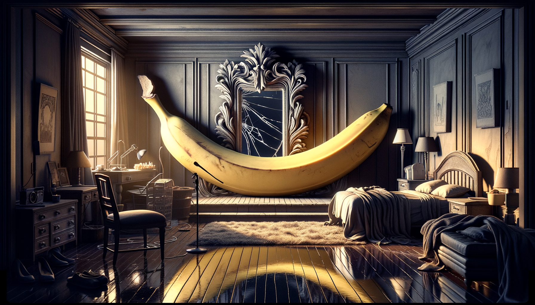 Dans un palais de bois veuf, une banane géante rêve de concert, bercée par des draps froissés et un miroir fissuré, l’élégance du fruit insolent. 🍌✨