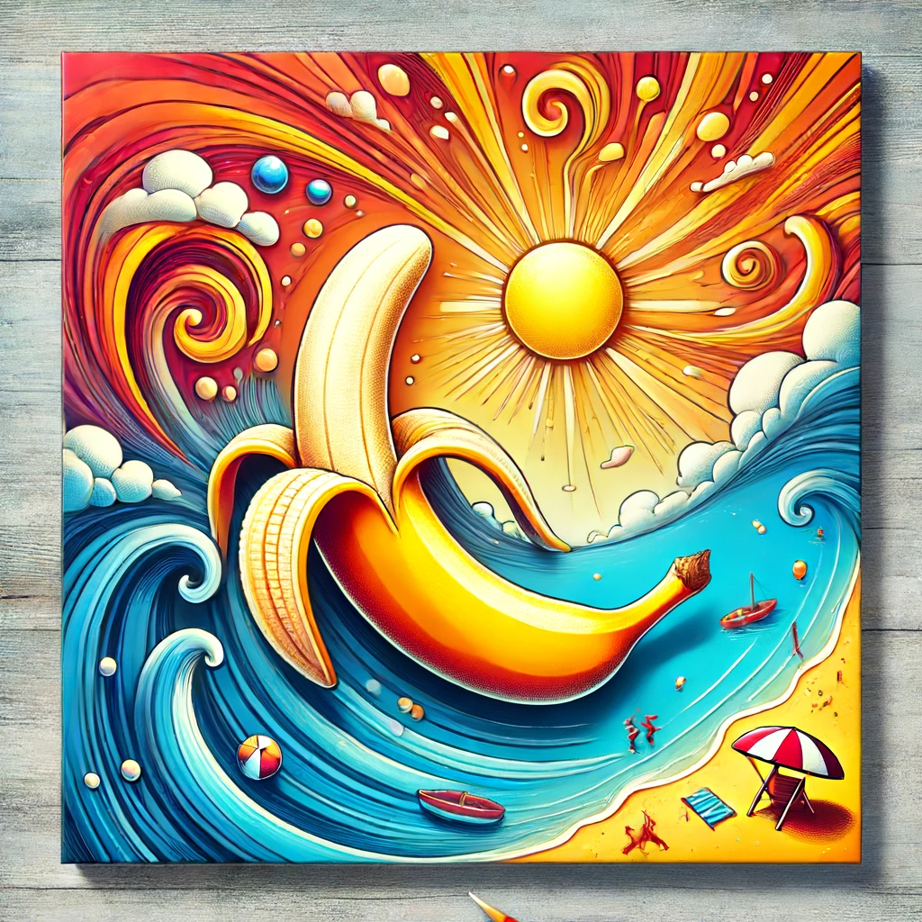 Une banane ondulante se jette dans un océan bleu, tandis qu’un soleil rieur donne vie à une plage endiablée aux détails farfelus. Un merveilleux chaos estival !