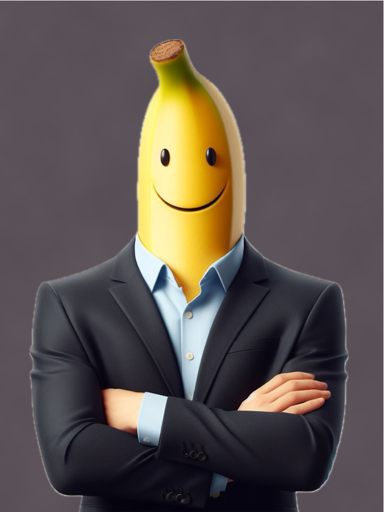 Un dandy en smoking, tête de banane jubilatoire, se pavane avec audace sur toile grise!