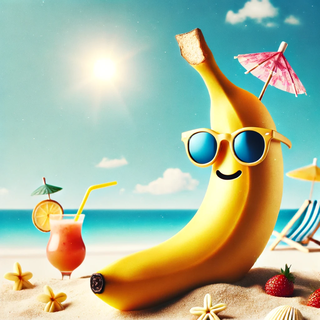Sur la sérénade solaire d’une plage, se dandine une banane fringuante, lunettes piquées, ombrelle haute, flirtant avec un cocktail fruité, sous un ciel bleu confetti de nuages.