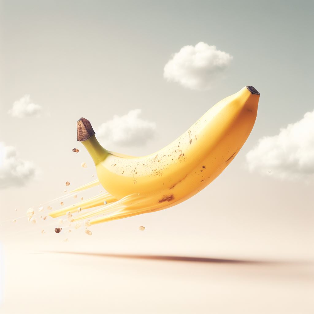 Banane cosmique file à toute allure, voguant sur des traînées de purée de stars, dans le grand bleu céleste peuplé de nuages coquins.
