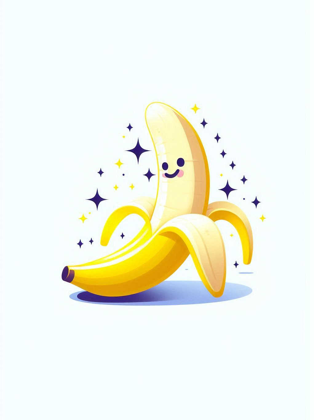 Une banane rieuse en fête, virevoltante au bal des étoiles, dansant l’éclat du jaune sur une scène divinement rayonnante.