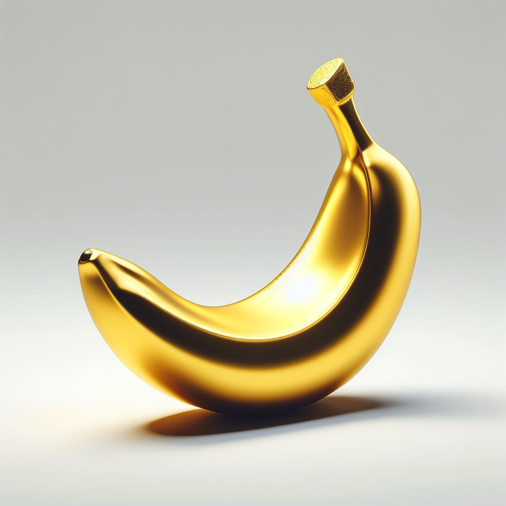Une banane d’or se fait cabotine, offrant sa peau lustrée aux éclats de rire du soleil, flirtant outrageusement avec sa droite.