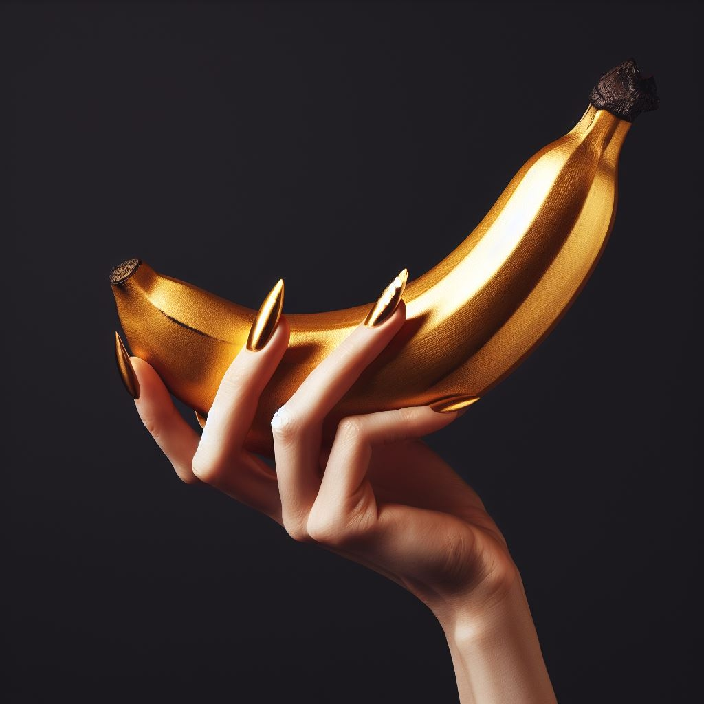 Main griffue, étreignant une banane dorée, clin d’œil glamour à l’art moderne sur fond nocturne.